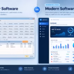 Side-by-side comparison of a dated legacy software screen and a modern dashboard