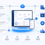 Diagram of ERP, inventory, payment and e-commerce systems connected to one central dashboard