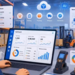 Warehouse worker reviewing inventory dashboards synchronised across sales channels